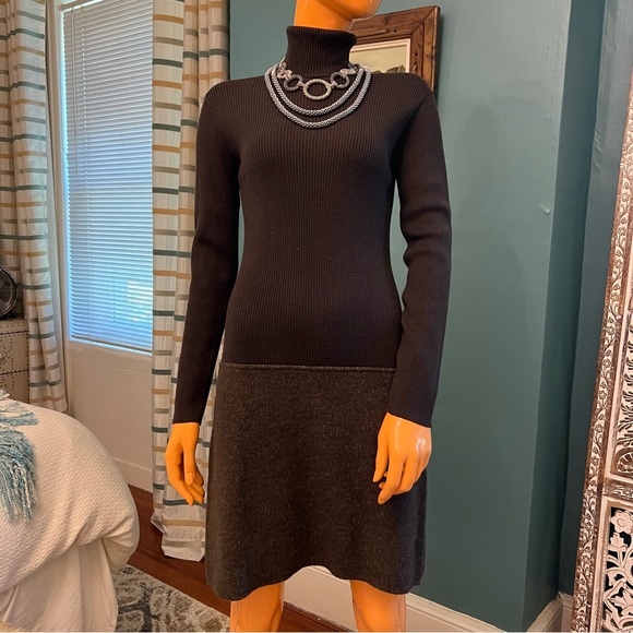 DKNY Wool Ribbed Knit Turtleneck Dress with Vest - Picture 2 of 16